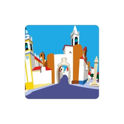 Ilustração de rua histórica com arco, torres com sinos e céu azul