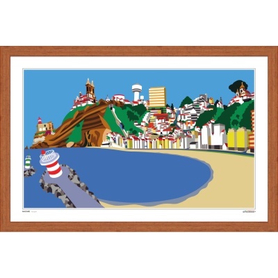 Ilustração digital da Nazaré com mar, farol, praia e edifícios coloridos