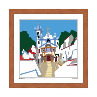 Pintura digital da fachada de um santuário com escadas e moldura de madeira castanha