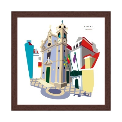 Ilustração de igreja com torre, relógio e edifícios coloridos emoldurados