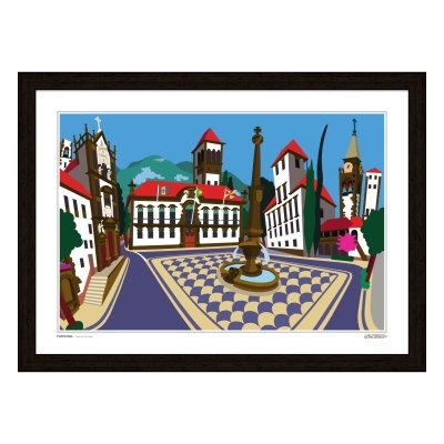 Ilustração de praça urbana com edifícios antigos e fonte central