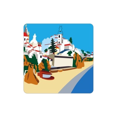 Ilustração colorida de vila costeira com casas brancas e telhados vermelhos perto da praia e mar azul