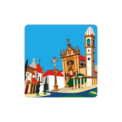 Ilustração colorida de edifícios históricos com céu azul