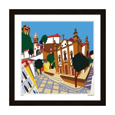 Gravura colorida de cidade histórica com edifícios e calçada padrão