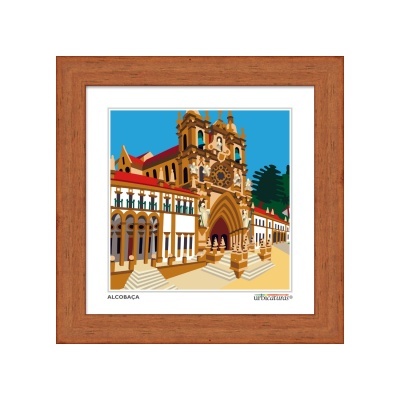 Quadro ilustrado de igreja de Alcobaça com moldura castanha em madeira