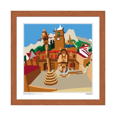 Ilustração colorida de Castelo Rodrigo com torre, fonte e pilar