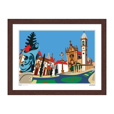 Ilustração colorida de monumentos arquitetónicos com figuras humanas, emoldurada em madeira castanha