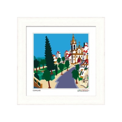 Quadro decorativo de gravura estilizada de Covilhã com igreja e árvores