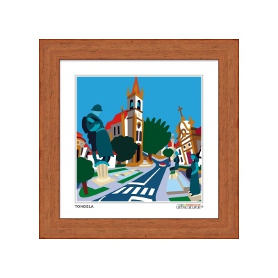 Quadro ilustrativo de rua e igreja em Tondela em moldura de madeira