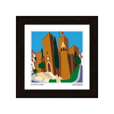 Ilustração emoldurada de castelo castanho com bandeira portuguesa e árvores