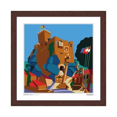 Ilustração colorida de um castelo com moldura castanha