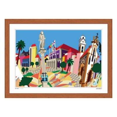 Ilustração colorida de praça com edifícios históricos e palmeiras emoldurada