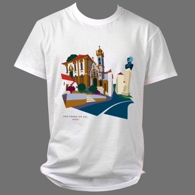 T-shirt branca com desenho colorido e texto São Pedro do Sul