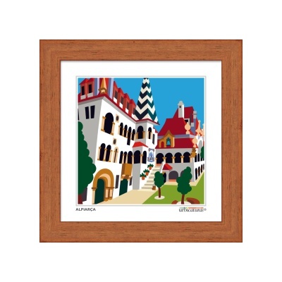 Quadro com moldura castanha e ilustração colorida de edifícios e árvores