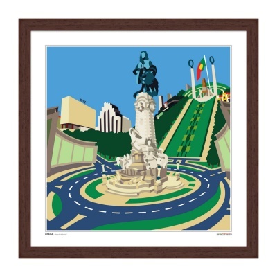 Ilustração estilizada da Praça Marquês de Pombal em Lisboa com monumento central e parque ao fundo