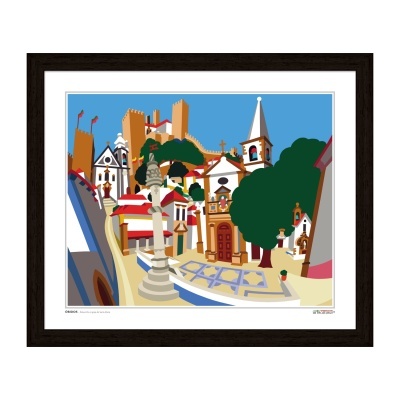 Ilustração colorida de vila com castelo, igrejas e coluna ornamental em moldura escura