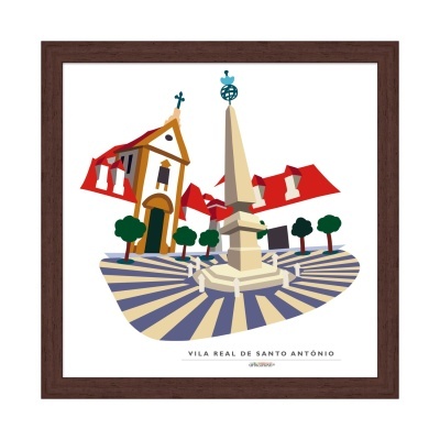 Ilustração colorida de Vila Real de Santo António com igreja, obelisco e árvores