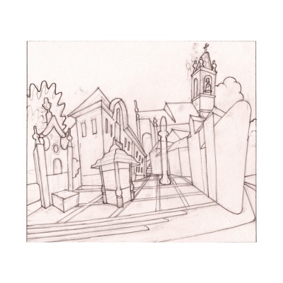 Desenho a lápis de uma rua antiga com edifícios, postes e uma torre