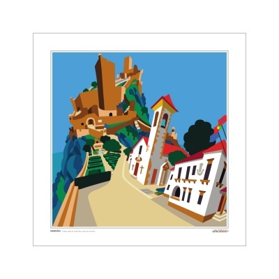 Ilustração colorida de castelo em colina e edifícios com telhados vermelhos