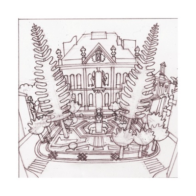 Desenho preto e branco de jardim simétrico com árvores e edifício clássico