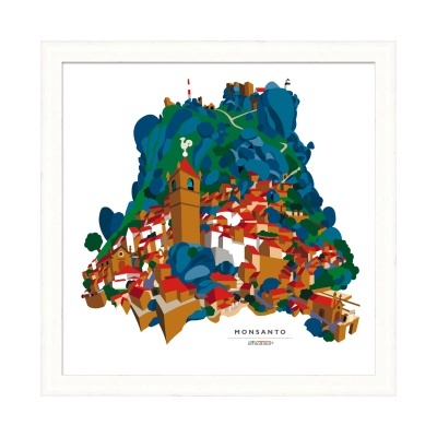 Ilustração colorida da vila de Monsanto com texto e moldura branca
