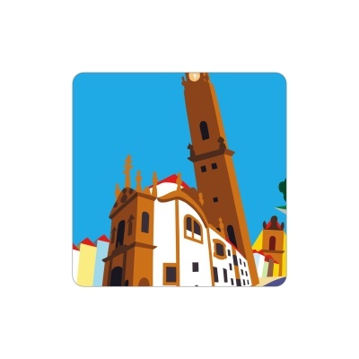 Ilustração de edifício histórico com torre e céu azul