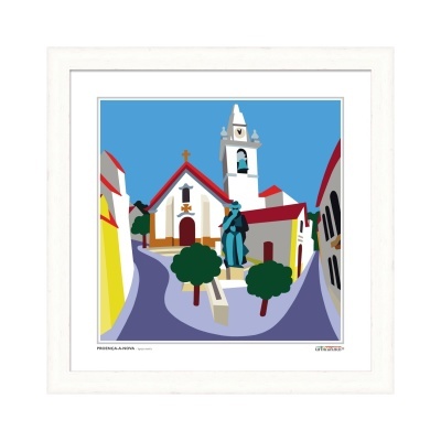 Ilustração de praça com igreja, estátua e árvores numa moldura branca