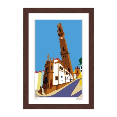Quadro com ilustração colorida de torre inclinada e edifícios, com moldura castanha