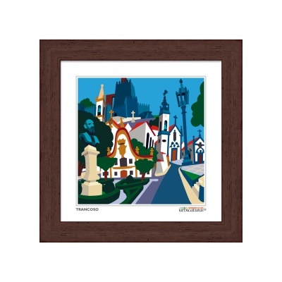 Quadro com imagem digital de cidade colorida e moldura de madeira escura