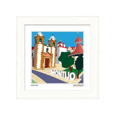 Quadro ilustrado com igreja e edifícios coloridos, texto MONTIJO.