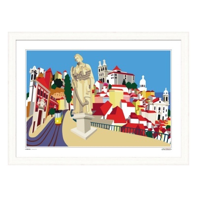 Ilustração colorida de paisagem urbana com estátua e bonde em moldura branca