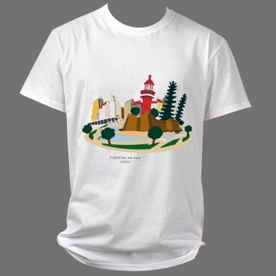 T-shirt branca com ilustração colorida de farol e natureza