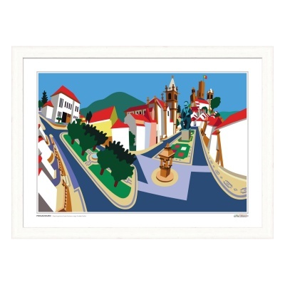 Quadro ilustrado de uma cidade com cores vivas e moldura branca