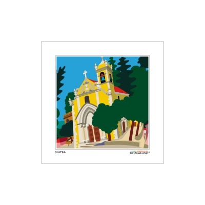Ilustração gráfica de uma igreja amarela em Sintra rodeada por árvores