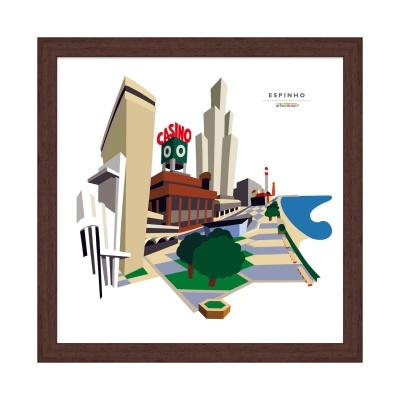 Ilustração de cenário urbano com letreiro CASINO e palavra ESPINHO