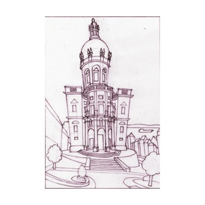 Desenho a tinta preta de edifício com cúpula e estátua