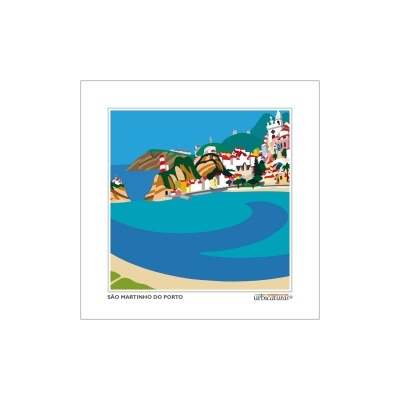 Ilustração colorida da praia e vila de São Martinho do Porto com texto
