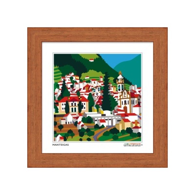 Quadro com imagem estilizada da vila de Manteigas com casas de telhado vermelho e texto
