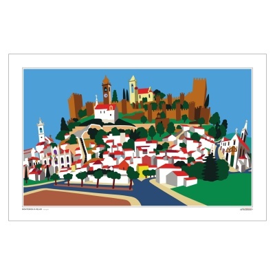 Ilustração artística colorida de uma vila com casas e edifícios históricos