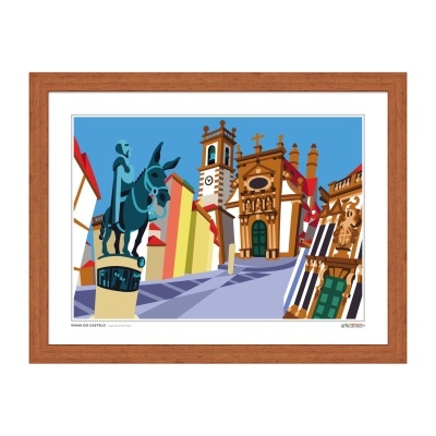 Pintura digital de praça histórica com estátua e edifícios barrocos coloridos com moldura de madeira