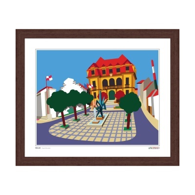 Imagem artística de uma rua com árvores e edifício amarelo com moldura de madeira