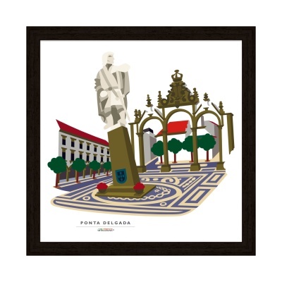 Ilustração digital da praça em Ponta Delgada com estátua, árvores, edifícios e arco decorativo