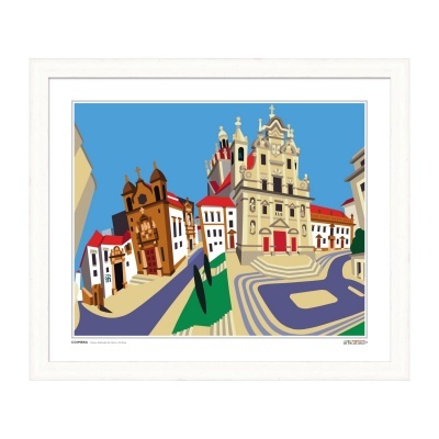 Imagem gráfica colorida de praça urbana com edifícios históricos emoldurada