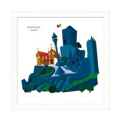 Ilustração estilizada do Castelo de Marialva com cores azul, verde, castanho e vermelho em moldura branca