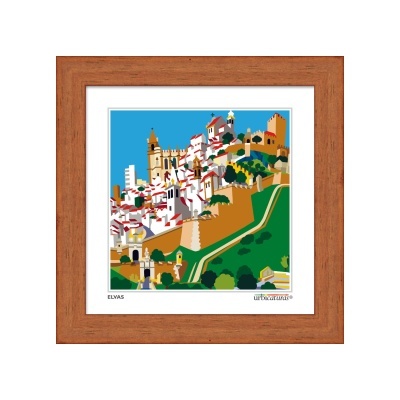 Quadro com imagem da cidade de Elvas e moldura de madeira castanha