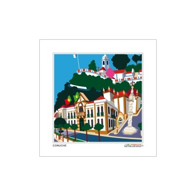 Ilustração colorida de cenário urbano em Coruche com edifícios e monumento