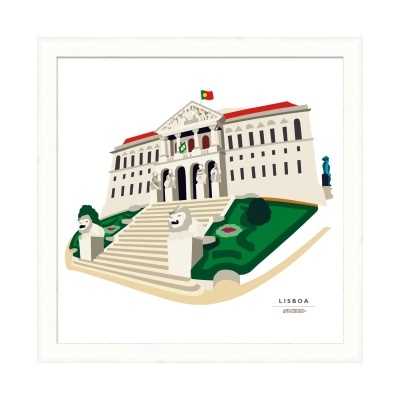 Ilustração do edifício clássico de Lisboa com escadaria e estátuas de leões
