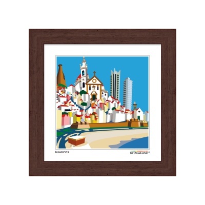 Quadro com ilustração colorida de Buarcos em moldura de madeira