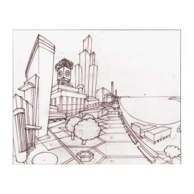 Desenho a lápis de uma avenida com edifícios e letreiro CASINO na paisagem