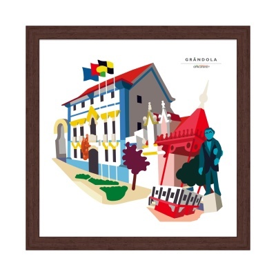 Ilustração colorida emoldurada de edifício e estátua com bandeiras